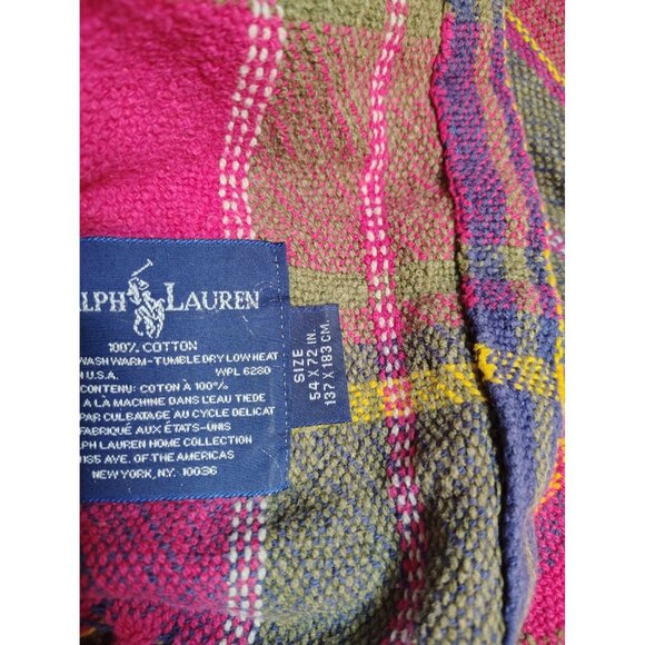 Ralph Lauren Plaid Throw Blanket 54" x 72" Blue Maroon Green Yellow Made in USA - Picture 4 of 4